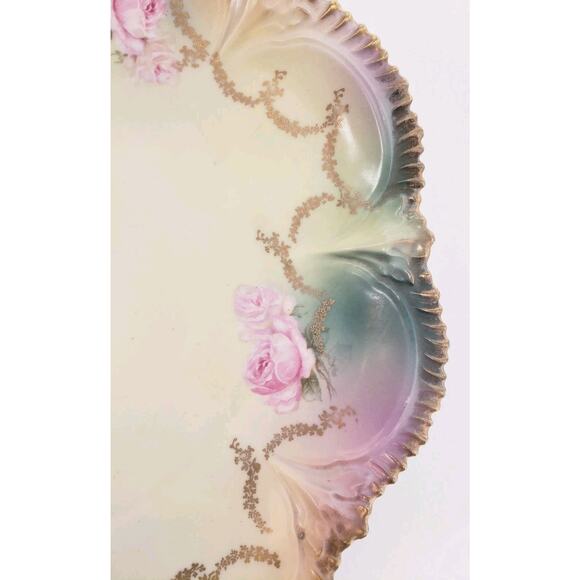 Beautiful Vintage RS PRUSSIA Red Mark Porcelain 11" Cake Plate Pink Roses Gold - Picture 5 of 9